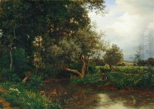 Landschaft In Der Umgebung Von Dusseldorf Mit Zwei Angelnden Kindern An Einem Bachlauf by Philipp Roeth