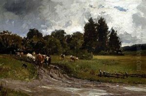 Baumlandschaft Mit Kuhherde An Der Weggabelung