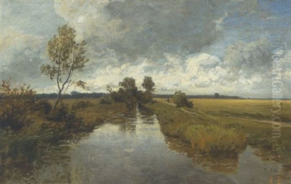 Weite Bachlandschaft Mit Spazierganger - view 1