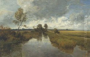 Weite Bachlandschaft Mit Spazierganger by Philipp Roeth