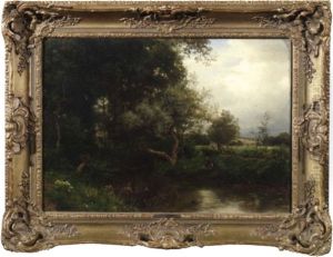 Baumgesaumter Bachlauf Mit Anglern. Im Hintergrund Weiter Blick In Die Landschaft by Philipp Roeth
