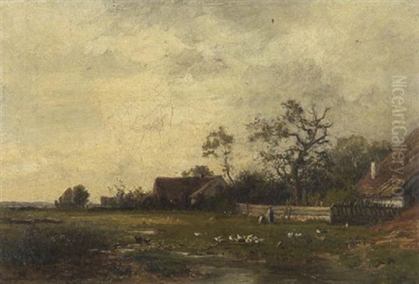 Motiv Bei Dachau: Bauerin Mit Kind Und Huhnern Auf Der Wiese Vor Dem Gehoft - view 1