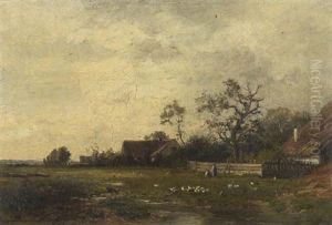 Motiv Bei Dachau: Bauerin Mit Kind Und Huhnern Auf Der Wiese Vor Dem Gehoft by Philipp Roeth