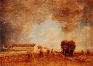 Open Landscape With Harvesters Loading Wheatsheaves Onto A Wagon, Storm Clouds Gathering Above by Philipp Roeth