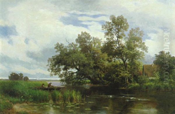 Zwei Angler Im Nachen Auf Dem Stillen Teich - view 1