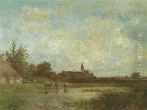 Dorfteich Mit Bauerin Und Vieh An Der Tranke - view 1