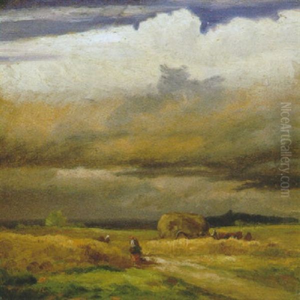 Bauerin Mit Heuwagen Bei Aufziehendem Gewitter - view 1