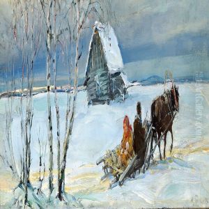Russian Winter Landscape With A Couple On A Horse-drawn Sleigh by Michail Vasilievitch Boskin