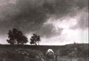 Nach Dem Gewitter F,hrt Auf Regennassem Feldweg Ein Pferdefuhrwerk