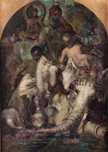 Orientalisierendes Buhnenbild Mit Figurinen, Elefant Und Tieren Sowie Gefasen