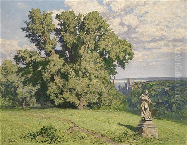 Landschaft Mit Einer Skluptur, Im Hintergrund Eine Ruine Und Die Donau - view 1