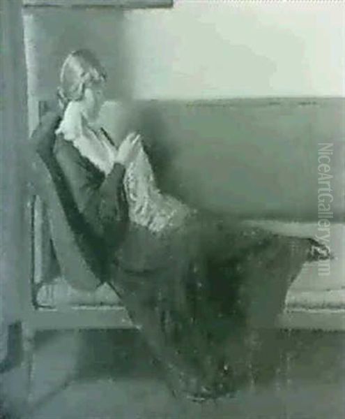 The Artist Wife Alice Sewing On A Sofa - view 1
