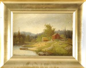 Idyllische Landschaft Mit Hutten, Strohgarben Und Bauerin Mit Kind Am Flusufer Sitzend