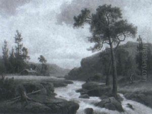 Landskab Med Huse Og Figurer Ved En Fos by Carl Abraham Rothsten