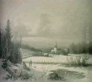 Solna Kyrka - Vinterlandskap I Kvallssol by Carl Abraham Rothsten