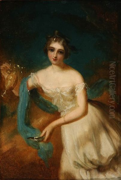 Portrait Of A Lady Wearing A Green Shawl Holding A Ewer - view 1