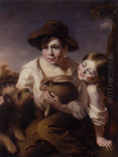 Two Children With A Rabbit And A Terrier, Seated In A Landscape - view 1