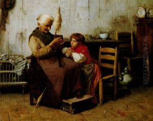 La Nonna. Grosmutter Und Enkelin In Bauerlichem Interieur by Silvio Giulio Rotta