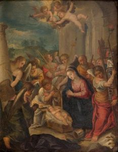 L"adoration De L"enfant Avec Les Anges Portant Les Armes De La Passion