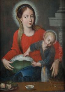 Madonna Mit Kind, Davor Teller Mit Obst, Schale Und Vogelkafig