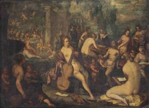 Minerva With The Muses On Mount Helicon, A Feast Of The Gods In The Background by Hans Rottenhammer the Elder