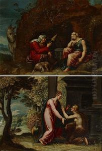 Vrouwen Bij De Grot En Zondares (pair) by Hans Rottenhammer the Elder