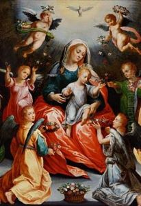 The Virgin Mary And The Child Flanked By St. Barbara And St. Catherine Of Alexandria Both With Their Attributes, Little Angels Are Strewing Flowers by Hans Rottenhammer the Elder