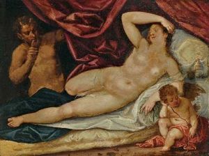 Schlafende Venus Mit Amorknaben, Von Einem Faun Beobachtet by Hans Rottenhammer the Elder