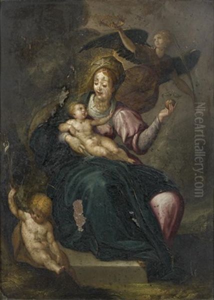 Vierge A L'enfant Couronnee Par Un Ange Avec Saint Jean-baptiste Enfant - view 1
