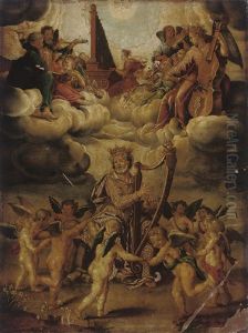 King David Playing The Harp With Putti Dancing, And Saint Cecilia At The Organ by Hans Rottenhammer the Elder