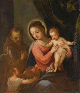 The Madonna And Child With Saint Francis In The Background And St. John The Baptist Offering A Basket Of Fruit by Hans Rottenhammer the Elder