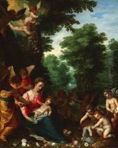 Madonna Mit Dem Christuskind Und Engeln Vor Einer Waldlandschaft Madonna Mit Dem Christuskind Und Engeln Vor Einer Waldlandschaft