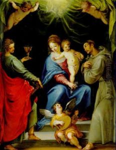The Virgin And Child With Saints John The Evangelist And Francis Of Assisi And Angels by Hans Rottenhammer the Elder