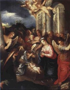The Christ Child Adored By The Virgin Mary And Angels by Hans Rottenhammer the Elder