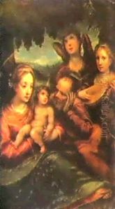 The Holy Family Accompanied By Two Angels (work On Copper) by Hans Rottenhammer the Elder