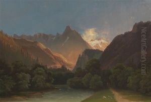 Gebirgstal Mit Bach Im Abendlicht by Carl Rottmann