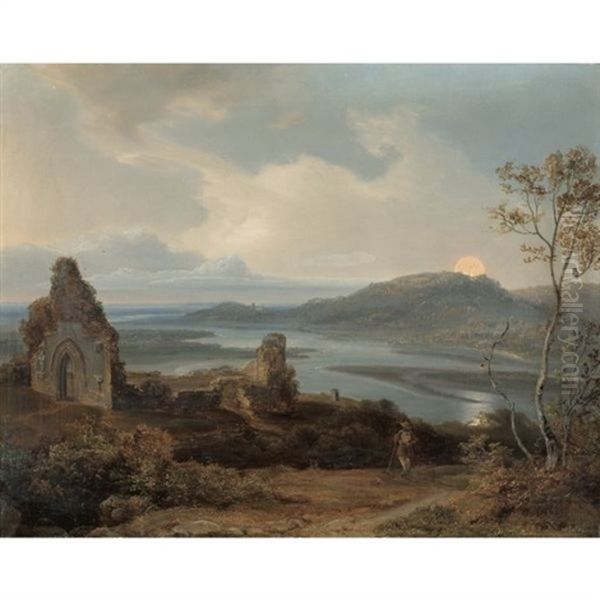 Ruine Einer Kapelle In Der Nahe Eines Flusses Bei Aufgehendem Mond (ruin Of A Chapel Near A River With Rising Moon) - view 1