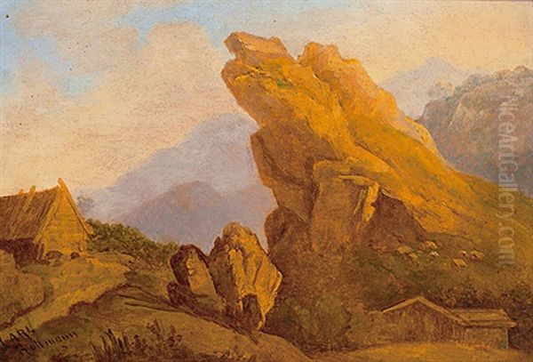 Alpenlandische Berglandschaft Mit Malerischem Fels Im Besonnten Licht - view 1