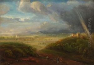 Hugelige Landschaft Mit Regenbogen by Carl Rottmann