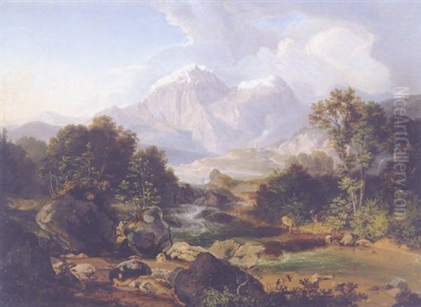 Gebirgslandschaft Mit Zwei Hirschen Am Bach - view 1