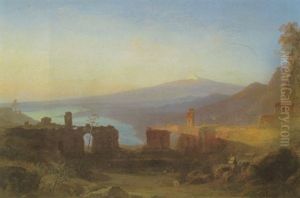 Das Antike Theater Von Taormina Mit Blick Auf Den Atna In Der Ferne