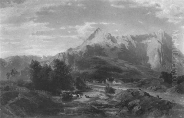 Kuhe An Der Tranke Vor Einem Dorf Zu Fusen Der Eibspitze - view 1