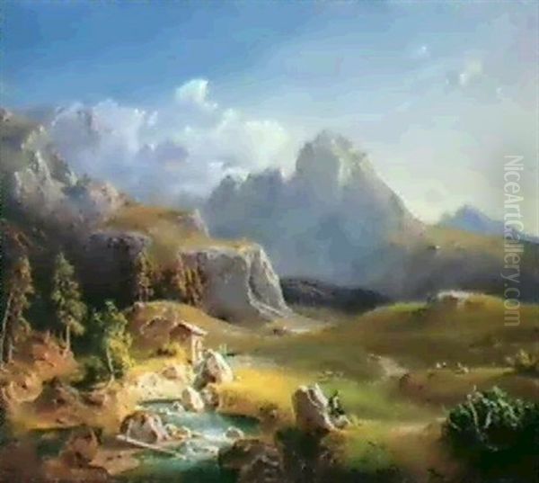 Alpenlandshaft Mit Einer Muhleam Bach Und Rastendem Ziegenhirten Vorne Rechts - view 1