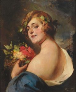 Portrait Einer Jungen Bacchantin Mit Blumen Vor Landschaftshintergrund