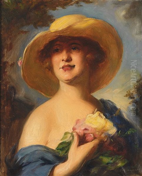 Portrait Einer Jungen Frau Mit Bluten Und Gelbem Hut Vor Landschaftshintergrund - view 1