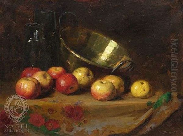 Stilleben Mit Apfeln, Kupferkessel Und Glasflaschen - view 1