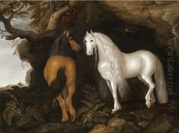 Two Horses Standing In A Wooded Landscape, Before A Cave - view 1
