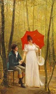 Et Ungt Par I En Skov, Den Unge Dame Er Klaedt I Hvidt Og Baerer En Rod Parasol Et Ungt Par I En Skov, Den Unge Dame Er Klaedt I Hvidt Og Baerer En Rod Parasol