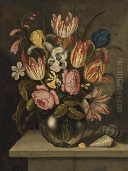 A Still Life Of Tulips, Roses, Irises And Daffodils In A Glass Vase With A Caterpillar And Three Exotic Shells On A Stone Ledge - view 1