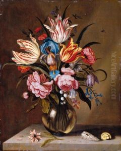 A Still Life Of Pink Roses, Striped Tulips, A Blue Iris, A Striped Anemone, Fritallary, Lily Of The Valley, Columbine And Bluebells In A Glass Vase On A Stone Ledge, With Two Shells by Abraham Bosschaert